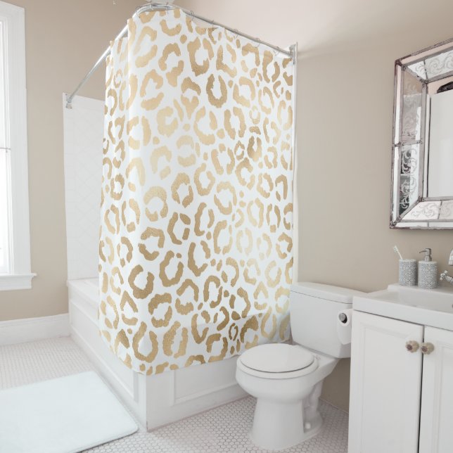 Elegant Gold White Leopard Cheetah Animal Print Shower Curtain (In Situ)