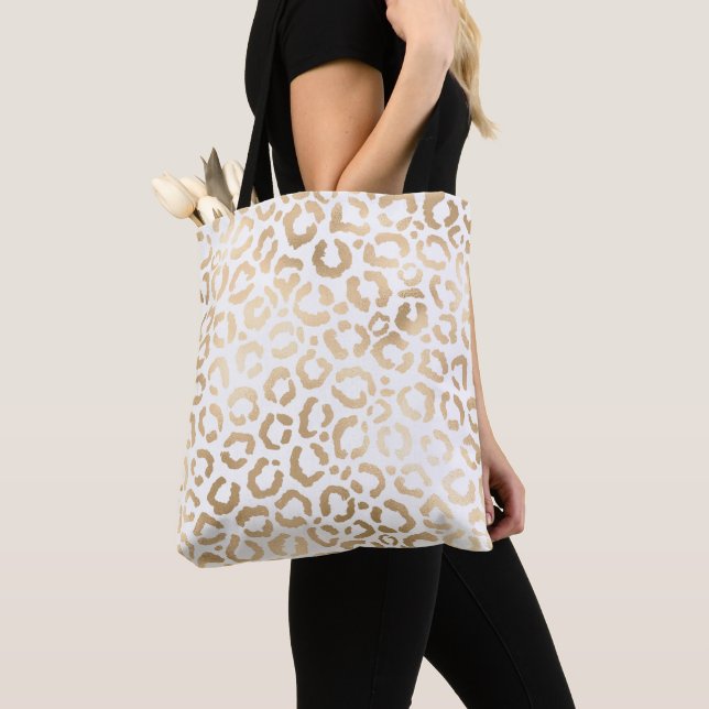 Elegant Gold White Leopard Cheetah Animal Print Tote Bag (Close Up)