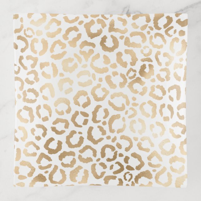 Elegant Gold White Leopard Cheetah Animal Print Trinket Tray (Front)