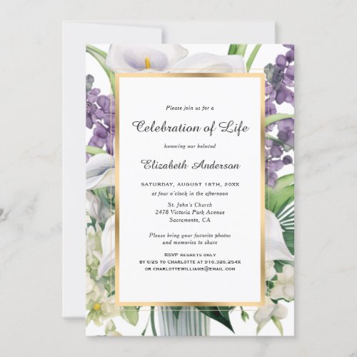 Elegant Gold White Lily Photo Celebration of Life Invitation