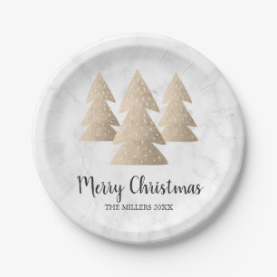 Elegant gold & white marble Merry Christmas tree Paper Plates
