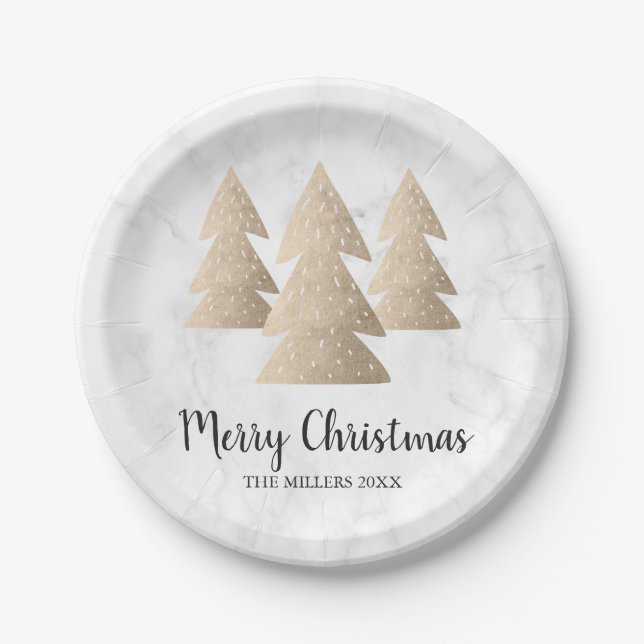 Elegant gold & white marble Merry Christmas tree Paper Plates (Front)