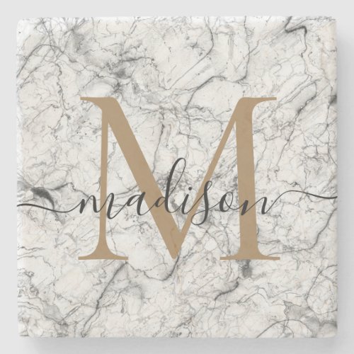 Elegant Gold White Marble Monogram Feminine Script Stone Coaster