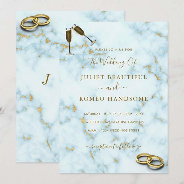 Elegant Gold White Marble Rings Wedding Invitation (Front/Back)