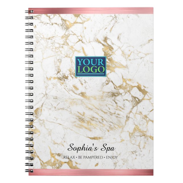 Elegant Gold/White Marble, Rose Gold Bars Bus.Name Notebook (Front)