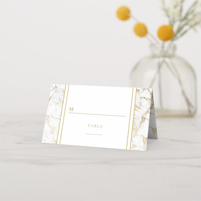 Elegant Gold White Marble Wedding Place Card (Front)