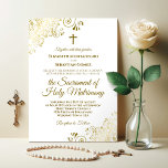 Elegant Gold & White Modern Catholic Wedding Invitation<br><div class="desc">This beautiful wedding invitation is perfect for a modern Catholic ceremony. It features a beautiful design with elegant gold script lettering and ornate golden curls and swirls in the corners. Includes a cross or crucifix, and wording inviting your guests to attend a nuptial mass uniting the couple in the sacrament...</div>