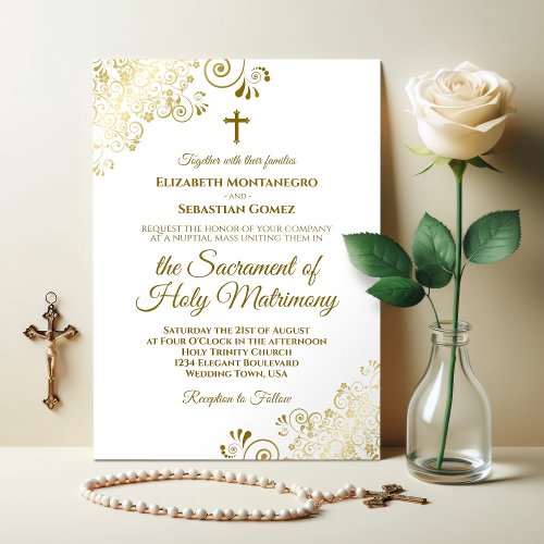 Elegant Gold  White Modern Catholic Wedding Invitation