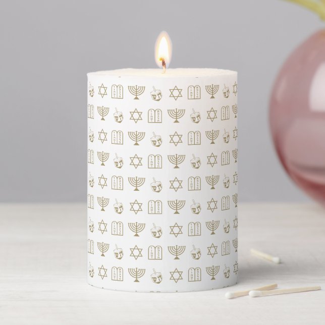 Elegant gold white modern pattern Hanukkah party Pillar Candle (In Situ)