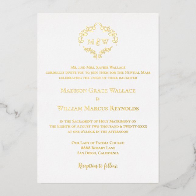 Elegant gold white Monogram Crest Modern Catholic  Foil Invitation (Front)