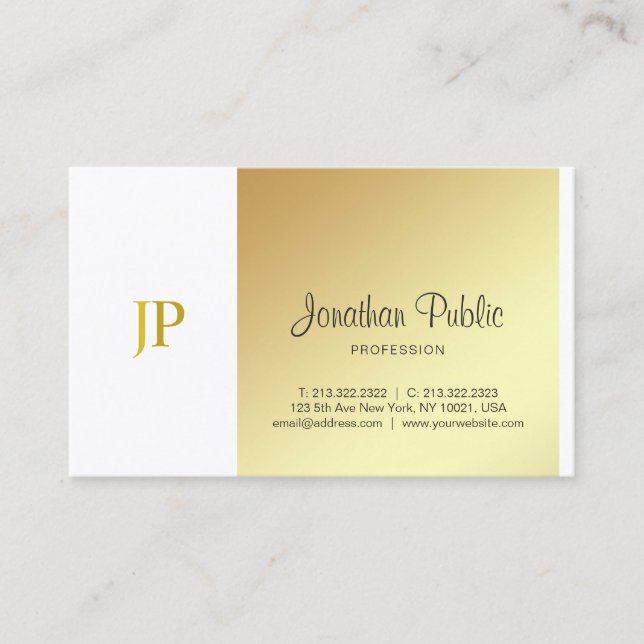 Elegant Gold White Monogram Plain Script Luxury Business Card (Front)