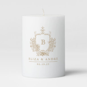 Elegant Gold White Monogram Wedding Pillar Candle