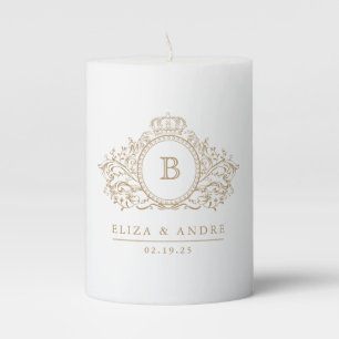 Elegant Gold White Monogram Wedding Pillar Candle