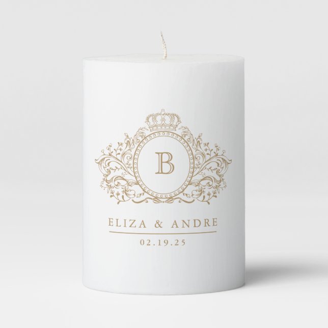 Elegant Gold White Monogram Wedding Pillar Candle (Front)