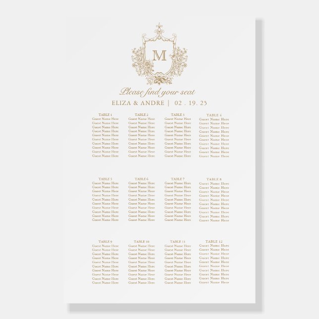 Elegant Gold White Monogram Wedding Seating Chart Foam Board (Front)