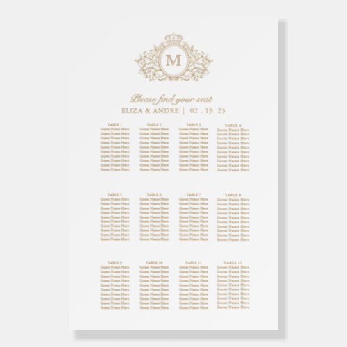 Elegant Gold White Monogram Wedding Seating Chart Foam Board