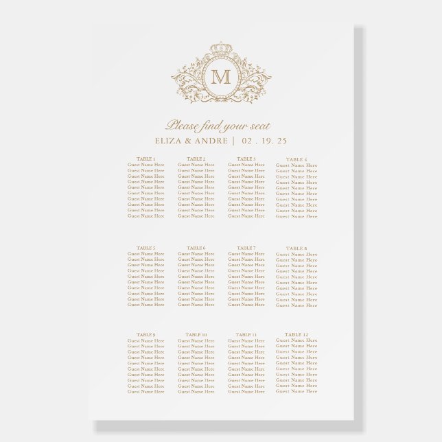 Elegant Gold White Monogram Wedding Seating Chart Foam Board (Front)