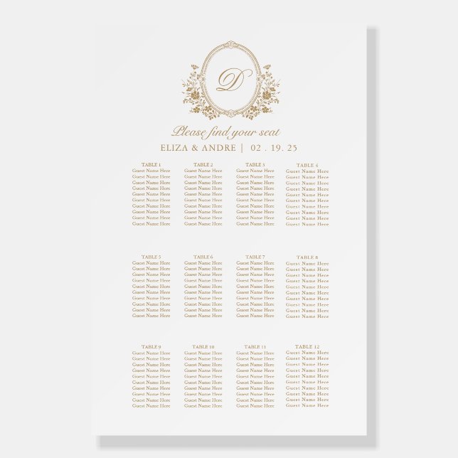 Elegant Gold White Monogram Wedding Seating Chart Foam Board (Front)