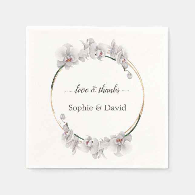 Elegant Gold White Orchid Flowers Bloom Wedding Napkins (Front)