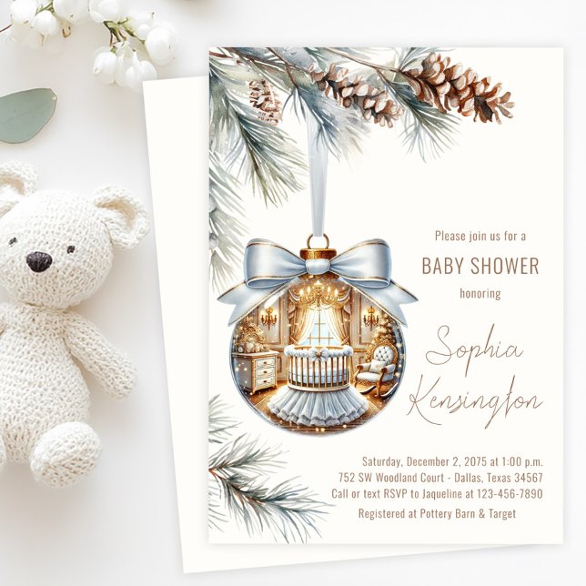 Elegant Gold White Ornament Christmas Baby Shower Invitation (Tree ornament baby shower invitation with glass ornament with beautiful white and gold nursery scene)