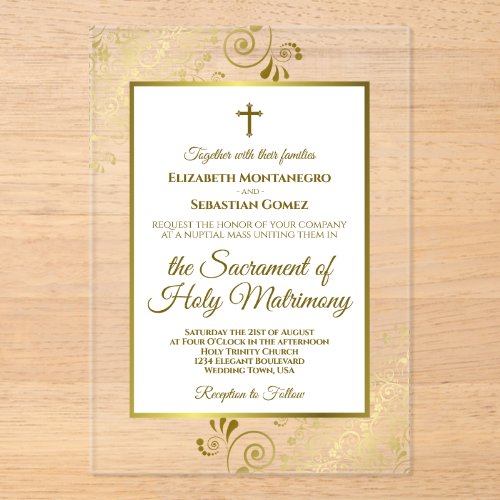 Elegant Gold & White Ornate Curls Catholic Wedding Acrylic Invitations