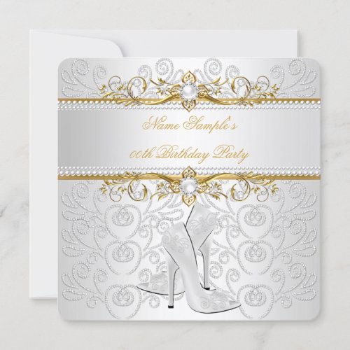 Elegant Gold White Pearl Diamond High Heel Party 2 Invitation