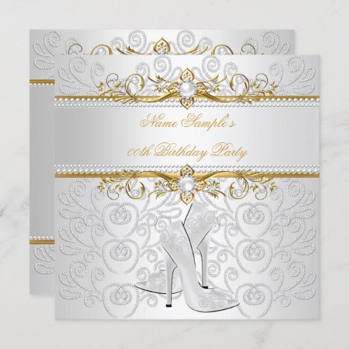 Elegant Gold White Pearl Diamond High Heel Party 2 Invitation