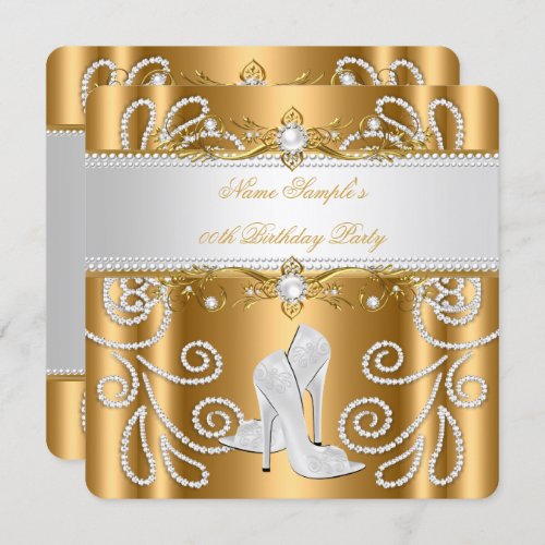 Elegant Gold White Pearl Diamond High Heel Party 3 Invitation