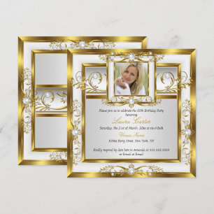Elegant Gold White Pearl Photo Birthday Party 2 Invitation