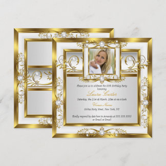 Elegant Gold White Pearl Photo Birthday Party 2 Invitation
