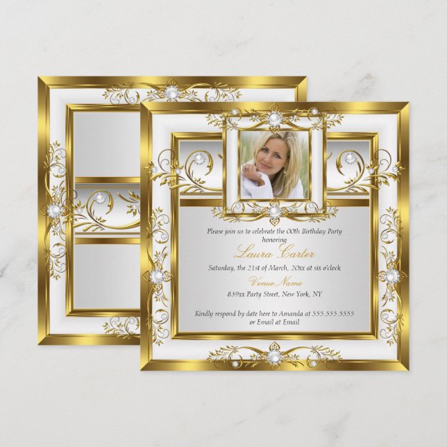 Elegant Gold White Pearl Photo Birthday Party 2 Invitation (Front/Back)