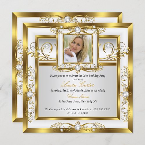 Elegant Gold White Pearl Photo Birthday Party 2 Invitation