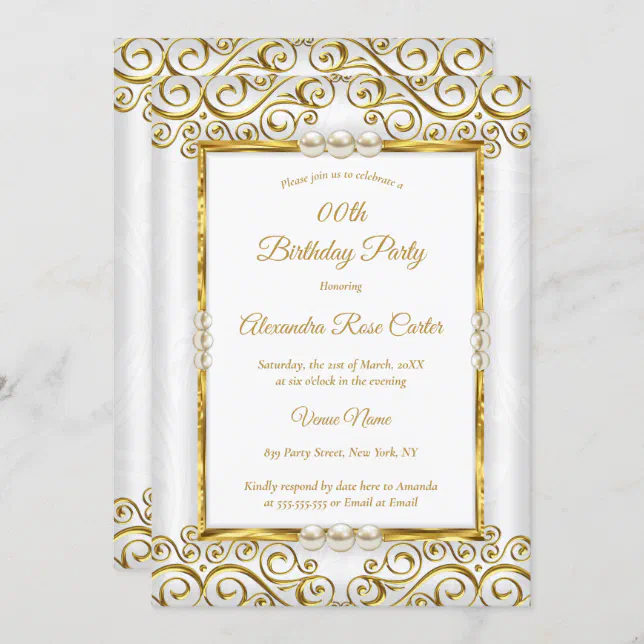 Elegant Gold White Pearl Photo Birthday Party Invitation | Zazzle