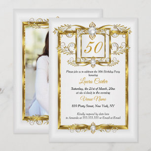 Elegant Gold White Pearl Photo Birthday party Invitation