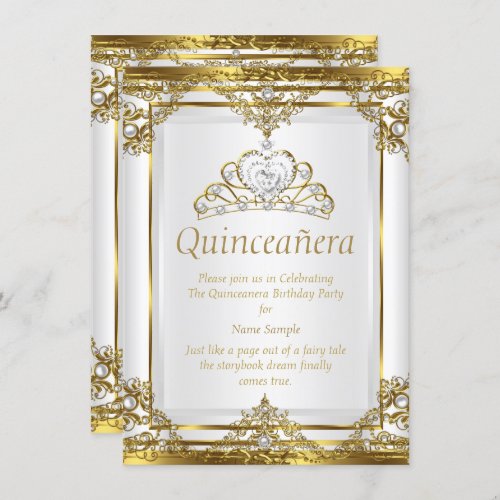 Elegant Gold White Pearl Princess Quinceanera Invitation