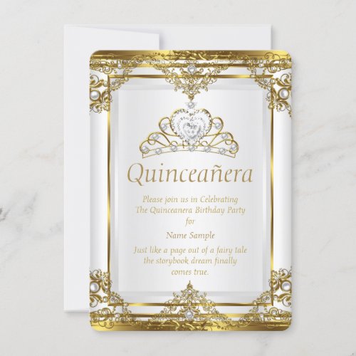 Elegant Gold White Pearl Princess Quinceanera Invitation