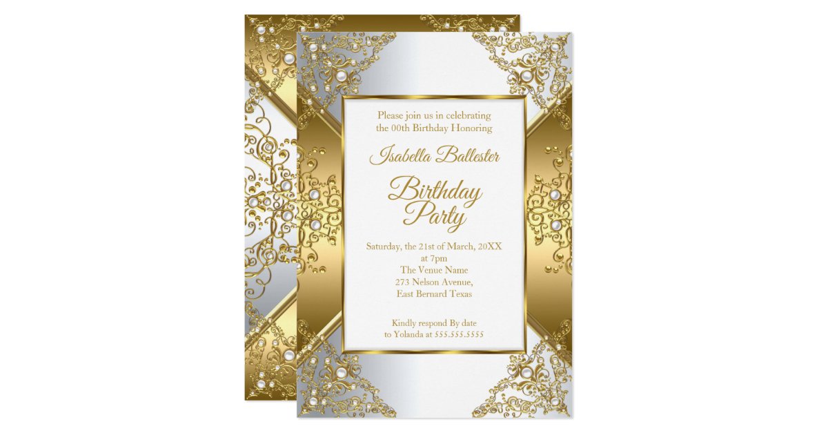 Elegant Gold White Pearl Silver Birthday Party Invitation | Zazzle.com