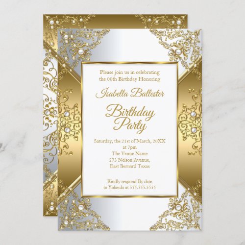 Elegant Gold White Pearl Silver Birthday Party Invitation