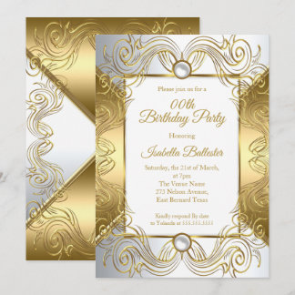 Elegant Gold White Pearl Silver swirl birthday Invitation