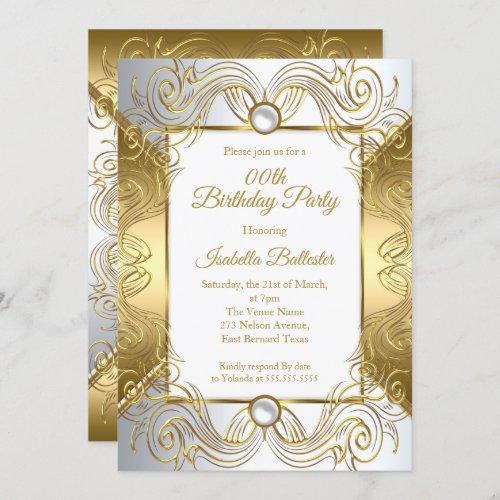 Elegant Gold White Pearl Silver swirl birthday Invitation