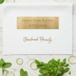 Elegant Gold White Personalized Family Name Logo Kitchen Towel<br><div class="desc">This personalized kitchen towel in bold all caps and beautiful elegant script is a humorous way to acknowledge your family's top chefs. A polished image of a gold plaque accentuates the rating review you've given to people for their culinary prowess or the kitchen for its high standards or impeccable decor....</div>