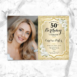 Elegant Gold White Photo 50th Birthday Invitation<br><div class="desc">Elegant floral feminine 50th birthday invitation with your photo. Glam design with faux glitter gold. Features stripes, white roses, script font and confetti. Perfect for a stylish adult bday celebration party. Personalise with your own details. Can be customised for any age! Printed Zazzle invitations or instant download digital printable template....</div>