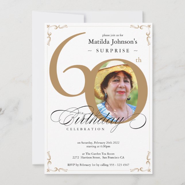 Elegant Gold White Photo Surprise 60th Birthday  Invitation (Front)