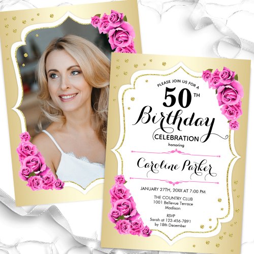 Elegant Gold White Pink Photo 50th Birthday Invitation