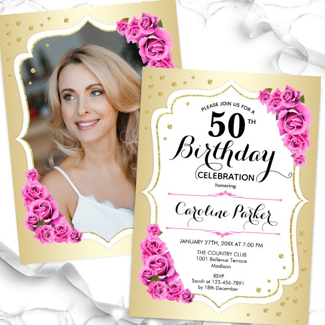 Elegant Gold White Pink Photo 50th Birthday Invitation (Creator Uploaded)