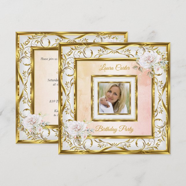 Elegant Gold White Pink Rose Photo Birthday Party Invitation (Front/Back)
