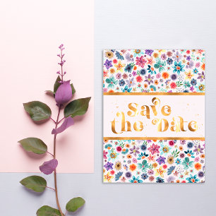 Elegant Gold White Pink Wildflower Save the Date Postcard