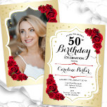 Elegant Gold White Red Photo 50th Birthday Invitation<br><div class="desc">Elegant floral feminine 50th birthday invitation with your photo at the back of the card. Glam design with faux gold. Features red roses, script font and confetti. Perfect for a stylish adult bday celebration party. Personalise with your own details. Can be customised for any age! Printed Zazzle invitations or instant...</div>