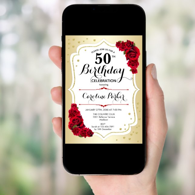 Elegant Gold White Red Photo 50th Birthday Invitation (Front Digital)
