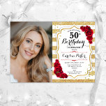 Elegant Gold White Red Roses Photo 50th Birthday Invitation<br><div class="desc">Elegant floral feminine 50th birthday invitation with your photo. Glam, white and red design with faux glitter gold. Features stripes, red roses, script font and confetti. Perfect for a stylish adult bday celebration party. Personalise with your own details. Can be customised for any age! Printed Zazzle invitations or instant download...</div>